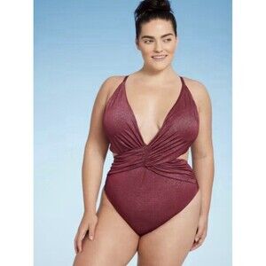 Shade & Shore Burgundy Monokini Plunge Cut Out High Leg Lured One Piece Size 24